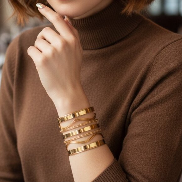 Bold & Modern Gold Plated Iron Trendy Fashion Wide Hollow Cuff Bracelet - Picture 3 of 10